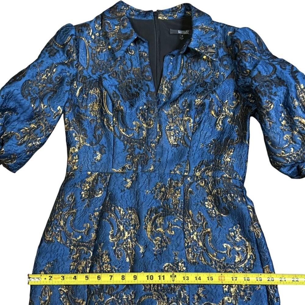 Badgley Mischka Puff-Sleeve Regal Brocade Blue & Metallic Gold Shirtdress Gown 8 - Picture 9 of 14